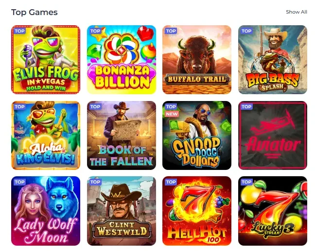 Screenshot of Luckystart casino game lobby showing slots and table games